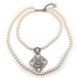 Chanel Silver Argyle Crystal Pendant 2 Strand Pearl Necklace